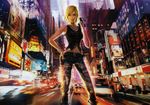  artist_request aya_brea belt blonde_hair buckle building car city ground_vehicle highres looking_at_viewer motor_vehicle official_art outdoors pants parasite_eve parasite_eve_the_3rd_birthday short_hair solo standing traffic 