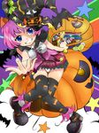  ankle_boots bad_id bad_pixiv_id black_legwear blue_eyes boots candy food grin halloween hat highres jack-o'-lantern original panties pantyshot pink_hair print_legwear pumpkin rakugaki_iruka short_hair smile solo thighhighs underwear witch_hat 