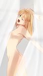  ahoge artoria_pendragon_(all) ass blonde_hair cowboy_shot fate/stay_night fate_(series) flat_chest green_eyes hair_down highres long_hair looking_back nipples nude one_eye_closed open_mouth saber short_hair solo stretch tusia yawning 