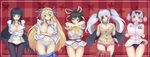  5girls :o asuka_(senran_kagura) bikini black_hair blonde_hair blue_eyes blush bow breast_suppress breasts brown_eyes checkered checkered_background checkered_panties cleavage crotch_seam eyepatch ginko_(nico) gloves green_eyes hair_bow hair_ribbon hibari_(senran_kagura) highres huge_breasts ikaruga_(senran_kagura) jacket katsuragi_(senran_kagura) long_hair multiple_girls necktie open_clothes open_mouth panties panties_under_pantyhose pantyhose pink_hair pink_panties red_background red_eyes ribbon scarf senran_kagura senran_kagura_shoujo-tachi_no_shin'ei short_hair shuriken side-tie_bikini silver_hair skirt skirt_pull smile striped striped_bikini striped_panties striped_swimsuit swimsuit symbol-shaped_pupils thigh_gap track_jacket twintails underwear white_gloves yagyuu_(senran_kagura) zipper 