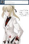  alternate_costume artoria_pendragon_(all) black_shirt blood bloody_clothes english fate/stay_night fate/zero fate_(series) formal gloves hair_ribbon long_hair necktie pale_skin pant_suit ponytail ribbon saber_alter shirt solo suit tumblr tusia veins white_gloves white_suit yellow_eyes 