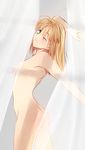  ahoge artoria_pendragon_(all) ass blonde_hair breasts cowboy_shot fate/stay_night fate_(series) green_eyes hair_down highres long_hair looking_back medium_breasts nipples nude one_eye_closed saber short_hair solo stretch tusia yawning 