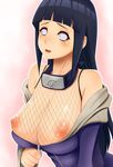  black_hair breasts commentary_request fishnets hyuuga_hinata large_breasts light_smile long_hair naruto_(series) naruto_shippuuden nipples solo sweatdrop tomatto_(@ma!) white_eyes zipper 