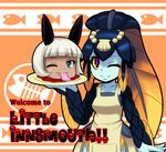  animal_ears apron aqua_eyes ayuosu blonde_hair blood blue_skin cat_ears dark_skin fang fish_girl minette_(skullgirls) ms._fortune_(skullgirls) multiple_girls one_eye_closed plate purple_eyes severed_head shell skullgirls tongue weighing_scale 