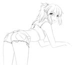  ass back bed belt bent_over blush braid camisole casual contemporary cutoffs denim denim_shorts fate/apocrypha fate_(series) flat_chest french_braid green_eyes greyscale highres lineart long_hair monochrome mordred_(fate) mordred_(fate)_(all) ponytail scrunchie shorts solo tusia 