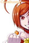  ahoge antenna_hair bloom brooch character_name choker clenched_hand cure_sunny grin hair_ornament highres hino_akane_(smile_precure!) jewelry magical_girl nishi_koutarou orange_(color) orange_choker orange_hair out_of_frame portrait precure red_eyes short_hair simple_background smile smile_precure! solo white_background 