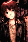  androgynous brown_jacket closed_mouth collarbone eizokenkyubu expressionless head_tilt highres iwakura_lain jacket looking_at_viewer red_hair serial_experiments_lain short_hair 