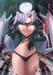  bad_id bad_pixiv_id blush breasts cleavage demon_girl demon_wings earrings gloves hair_over_one_eye heart horns jewelry lilim_(monster_girl_encyclopedia) long_hair medium_breasts monster_girl monster_girl_encyclopedia pointy_ears red_eyes silver_hair smile solo succubus sud_(sudea) tail translated wings 