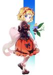  blonde_hair blue_eyes bow doll_joints dress flower flying from_behind hair_bow hair_ribbon leaf lily_of_the_valley medicine_melancholy ribbon sinzan solo su-san touhou 