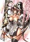  1girl banpresto bare_shoulders black_hair black_legwear blue_eyes breasts cleavage curvy detached_sleeves female flower hair_ornament highres huge_breasts jun_hachi long_hair long_ponytail multicolored_hair nanbu_kaguya petals ponytail red_hair solo standing super_robot_wars super_robot_wars_og_saga_mugen_no_frontier sword thighhighs thighs weapon 