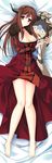  barefoot bed_sheet breasts brown_hair choker cleavage dakimakura dakimakura_(object) dress endori feet full_body highres horns huge_breasts legs long_hair looking_at_viewer lying maou_(maoyuu) maoyuu_maou_yuusha pillow red_dress red_eyes smile solo 