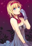  alice_margatroid alternate_costume biting blonde_hair blue_eyes blush breasts cleavage culter glove_biting gloves hairband highres lips looking_at_viewer medium_breasts short_hair solo strap_slip touhou 