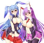  animal_ears blue_hair blush breasts brown_eyes bunny_ears kurousagi_(mondaiji) large_breasts long_hair looking_at_viewer mondaiji-tachi_ga_isekai_kara_kuru_sou_desu_yo? multiple_girls navel necktie nipples open_clothes open_mouth open_shirt purple_hair red_neckwear reisen_udongein_inaba sesield shirt tears thighhighs touhou very_long_hair wavy_mouth 