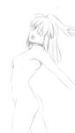  ;o ahoge arched_back arm_up armpits artoria_pendragon_(all) ass back bangs breasts clenched_hand cowboy_shot fate/stay_night fate_(series) greyscale groin hair_between_eyes hair_down head_tilt highres long_hair looking_back medium_breasts monochrome nipples nude one_eye_closed open_mouth outstretched_arm profile ribs saber short_hair simple_background solo standing stretch tusia yawning 