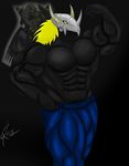  abs anthro biceps big_muscles black_body black_nipples black_skin blackwargreymon blonde_hair bodybuilder clothing digimon flexing hair helmet horn huge_muscles male mask muscles nipples pants pecs plain_background pose ripped saixyuniz-xynz scales solo toned topless vein yellow_eyes 