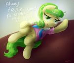  chickadee_(mlp) clothing english_text equine female feral freckles friendship_is_magic green_eyes green_hair hair horse looking_at_viewer lying mammal my_little_pony pony pussy signature solo surgicalarts teats text 