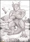  blank_eyes claws dragon fissure ground horn humanoid invalid_tag lift looking_at_viewer male monochrome muscles rock rollwulf(artist) scales smile spikes stones 
