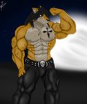  abs anthro belt biceps big_muscles black_hair black_nose bodybuilder brown_fur canine claws clothing ear_piercing fangs flexing fur grin hair hair_over_eye male mammal moon muscles necklace night nipples pants pecs piercing pose red_eyes ripped saixyuniz-xynz skull smile solo standing tan_fur tattoo toned topless vein wolf yellow_fur 