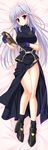  bed_sheet blush book boots breasts covered_nipples dakimakura dress endori fingerless_gloves gloves highres large_breasts long_hair lying lyrical_nanoha mahou_shoujo_lyrical_nanoha mahou_shoujo_lyrical_nanoha_a's mahou_shoujo_lyrical_nanoha_the_movie_2nd_a's on_back panties reinforce silver_hair single_hair_intake socks solo tome_of_the_night_sky underwear 