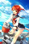  :d absurdres ass basket bush cliff cloud day hair_ornament hair_scrunchie highres hover_bike isshiki_akane long_sleeves looking_at_viewer national_shin_ooshima_school_uniform ocean open_mouth orange_scrunchie outdoors railing red_hair riding sakura_ani school_uniform scrunchie short_shorts shorts skindentation sky smile vividred_operation wanko_(vividred_operation) water 