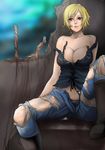  aya_brea bare_shoulders blonde_hair blue_eyes breasts cholesenel cleavage denim heart jeans large_breasts legs lips pants parasite_eve parasite_eve_the_3rd_birthday short_hair sitting solo spread_legs thighs torn_clothes unbuttoned 