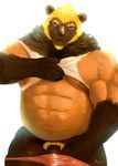  anthro belly biceps big_muscles black_nose blonde_hair blue_eyes chubby claws clothing facial_scar fangs fur gut hair iceman1984 kuzuri looking_at_viewer male mammal musclegut muscles mustelid nipples nude overweight penis plain_background pubes scar shirt solo tank_top teeth underwear undressing wolverine yellow_fur 