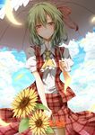  ascot basket blue_sky blush checkered checkered_shirt checkered_skirt cloud day flask_(pandora) flower green_hair highres kazami_yuuka open_clothes open_vest parasol petals puffy_sleeves red_eyes shirt short_sleeves skirt skirt_set sky smile solo sunflower touhou umbrella vest 