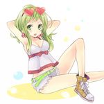  arms_behind_head bad_id bad_pixiv_id belt breasts cleavage converse eyewear_on_head green_eyes green_hair gumi heart heart-shaped_eyewear looking_at_viewer medium_breasts midriff mikipa shoes short_hair short_shorts shorts sitting sneakers vocaloid 