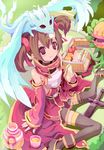  breastplate brown_hair dragon dragon_on_head eating fingerless_gloves food gloves picnic pina_(sao) plant red_eyes rudorufu sandwich silica sword sword_art_online thighhighs twintails weapon 