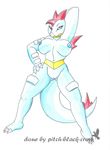  anthro anthrofied blue_body blue_nipples breasts female feraligatr hand_on_hip nintendo nipples nude pinup pitch-black-crow plain_background pok&#233;mon pok&#233;morph pok&eacute;mon pose pussy red_eyes reptile scalie solo spines video_games watermark white_background 