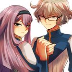  1girl bad_id bad_pixiv_id brown_hair couple curly_hair gillis glasses green_eyes hairband hetero highres holding_hands inazuma_eleven_(series) inazuma_eleven_go inazuma_eleven_go_chrono_stone kareido long_hair meia purple_hair 