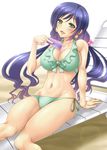  ayato bikini bow breasts card chair cleavage green_eyes highres large_breasts long_hair lounge_chair love_live! love_live!_school_idol_project purple_hair side-tie_bikini solo swimsuit toujou_nozomi twintails 