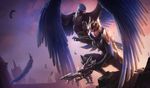  artist_request bird bow_(weapon) breastplate cape crossbow feathers forehead_protector league_of_legends official_art purple_hair quinn short_hair valor_(league_of_legends) weapon yellow_eyes 