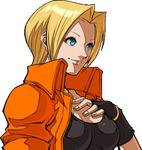  blonde_hair blue_eyes blue_mary breasts cleavage cropped_jacket fatal_fury fatal_fury_special fingerless_gloves gloves large_breasts lowres official_art short_hair snk solo sports_bra upper_body 
