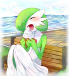  1girl artist_request bench blush eating female gardevoir ice_cream mouth muffin nintendo ocean open open_mouth pok&#233;mon pok&eacute;mon pokemon solo unknown_artist video_games yu_yun 