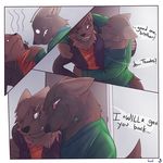  angry anthro black_outerwear brothers canine clothing comic dialog duo english_text green_topwear hug humor invalid_tag jacket lol_comments mammal orange_eyes orange_topwear pants shirt sibling sibling_rivalry smile snarling syynx teeth text wet wolf 