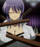  breasts cleavage eyes_closed glasses highres huge_breasts mole purple_hair screencap senran_kagura senran_kagura_(series) smirk staff stitched suzune_(senran_kagura) 