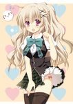  &gt;_&lt; :p black_legwear blonde_hair bow bow_panties closed_eyes emoticon highres long_hair original panties pantyshot pink_panties pokopi polka_dot polka_dot_panties purple_eyes school_uniform skirt skirt_lift solo spoken_expression thighhighs tongue tongue_out underwear wind wind_lift 