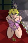  chained clothing collar crown duo ear_piercing female female_focus grinn3r human human_focus kneeling koopa_troopa koopatrol lingerie mammal mario_bros nintendo piercing princess_peach reptile scalie solo_focus throne_room turtle video_games 