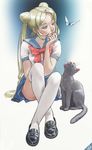  bishoujo_senshi_sailor_moon blonde_hair blue_sailor_collar bow bug butterfly cat insect ivan_rubashkin juuban_middle_school_uniform kneehighs loafers long_hair luna_(sailor_moon) red_bow sailor_collar school_uniform shoes solo tsukino_usagi 