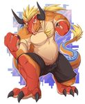  blonde_hair body_hair bovine cattle chest_hair chimera claws cyber_zai dragon fangs flexing hair horn hybrid male mammal muscles orange_skin overweight pecs ponytail red_eyes red_skin smile solo teeth topless 