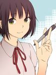  bad_id bad_pixiv_id black_hair green_eyes holding left-handed looking_at_viewer original short_hair smile solo stylus teti 