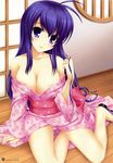  1girl absurdres blush breasts cleavage highres ikkitousen ikkitousen_great_guardians japanese_clothes kan&#039;u_unchou kan'u_unchou kimono long_hair mizuhara_yuu no_bra open_clothes open_kimono open_robe panties pantyshot purple_eyes purple_hair robe sitting smile underwear white_panties 