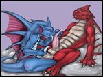  anal anthro balls blue_penis blue_skin blue_tongue brown_eyes erection gay licking lizard male masturbation oral oral_sex penis precum purple_eyes red_skin scalie sex simple_background sitting tails teeth tojo_the_thief tongue 