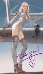  aircraft airplane ankle_boots boots breasts brown_footwear brown_gloves cleavage collarbone copyright_request day gloves grey_legwear heart ivan_rubashkin leotard long_sleeves looking_at_viewer machinery medium_breasts outdoors solo thighhighs white_hair 