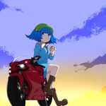  blue_eyes blue_hair blush boots cloud collagen ground_vehicle hair_bobbles hair_ornament hat highres kawashiro_nitori key looking_at_viewer motor_vehicle motorcycle short_hair sitting sky solo touhou two_side_up 