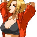 arms_up blonde_hair blue_eyes blue_mary breasts cleavage cropped_jacket fatal_fury fatal_fury_special large_breasts lips lowres official_art short_hair snk solo sports_bra upper_body 