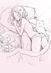  ass bare_back bare_shoulders blush bra bra_removed character_request closed_eyes convenient_arm copyright_request dakimakura_(object) hair_ornament hairclip long_hair lying monochrome on_stomach panties pillow plaid plaid_panties sketch sleeping solo stuffed_animal stuffed_toy teti tissue_box topless under_covers underwear underwear_only 