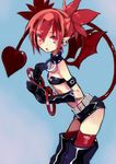  absurdres blue_background bracelet choker demon_tail demon_wings disgaea disgaea_d2 etna highres jewelry open_mouth pointy_ears rabbitseijin red_eyes red_hair short_hair skull slit_pupils solo tail twintails wings 