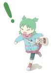  1girl :d bag child closed_eyes coat duralumin green_hair handbag koiwai_yotsuba kouji_(campus_life) open_mouth quad_tails running shoes smile sneakers socks solo stuffed_animal stuffed_toy teddy_bear yotsubato! 